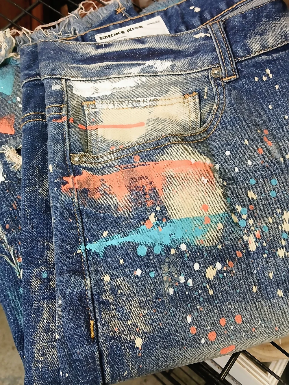 Slim Straight Men's Paint-Splatter Denim Jeans - Blue with Orange & Teal Accents
